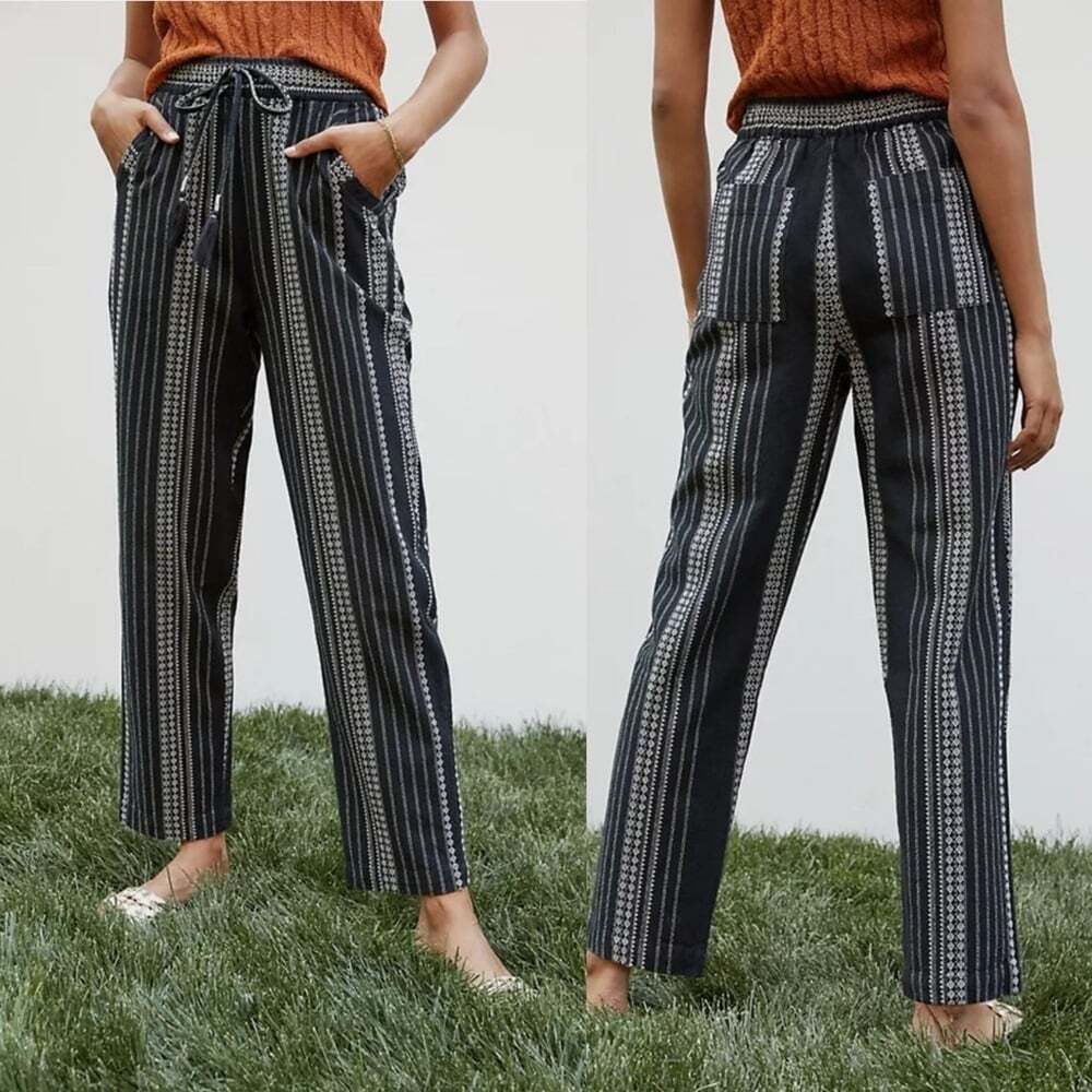 Anthropologie Beach Trousers Med Black Embroidered Boho Striped High Rise